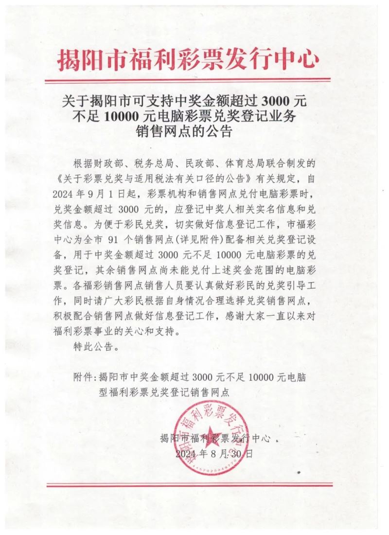 关于揭阳市可支持中奖金额超过3000元不足10000元电脑彩票兑奖登记业务销售网点的公告